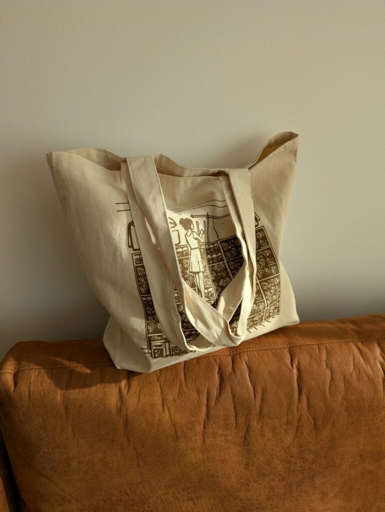 En tygväska som står på en soffa i design av Yllotyll för deras jubileumskasse 40 år.